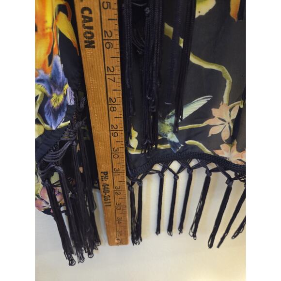 Carmen XL Marc Valvo Kimono Tied Topper Black Floral Hummingbird Fringed Boho - Picture 8 of 9
